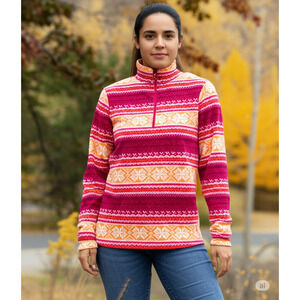 LL Bean pink orange fair isle quarter zip pull over fleece sweater womens medium